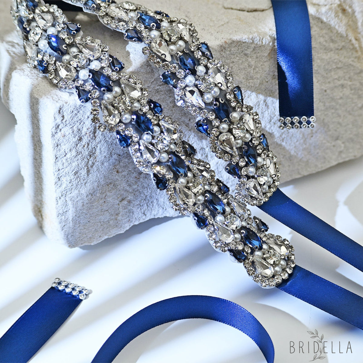 Navy Rhinestone Bridal Belt Wedding Sash – Bridella BS466ML - Navy Blue Ribbon - Blets