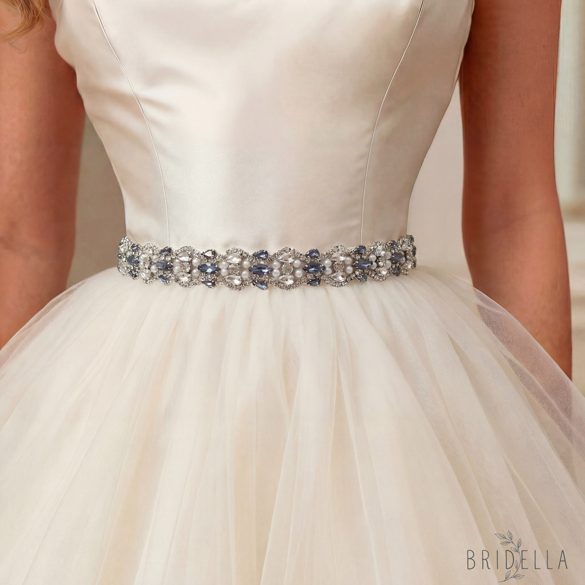 Navy Rhinestone Bridal Belt Wedding Sash – Bridella BS466ML - Navy Blue Ribbon - Blets