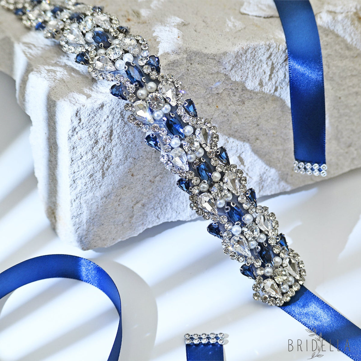 Navy Rhinestone Bridal Belt Wedding Sash – Bridella BS466ML - Navy Blue Ribbon - Blets