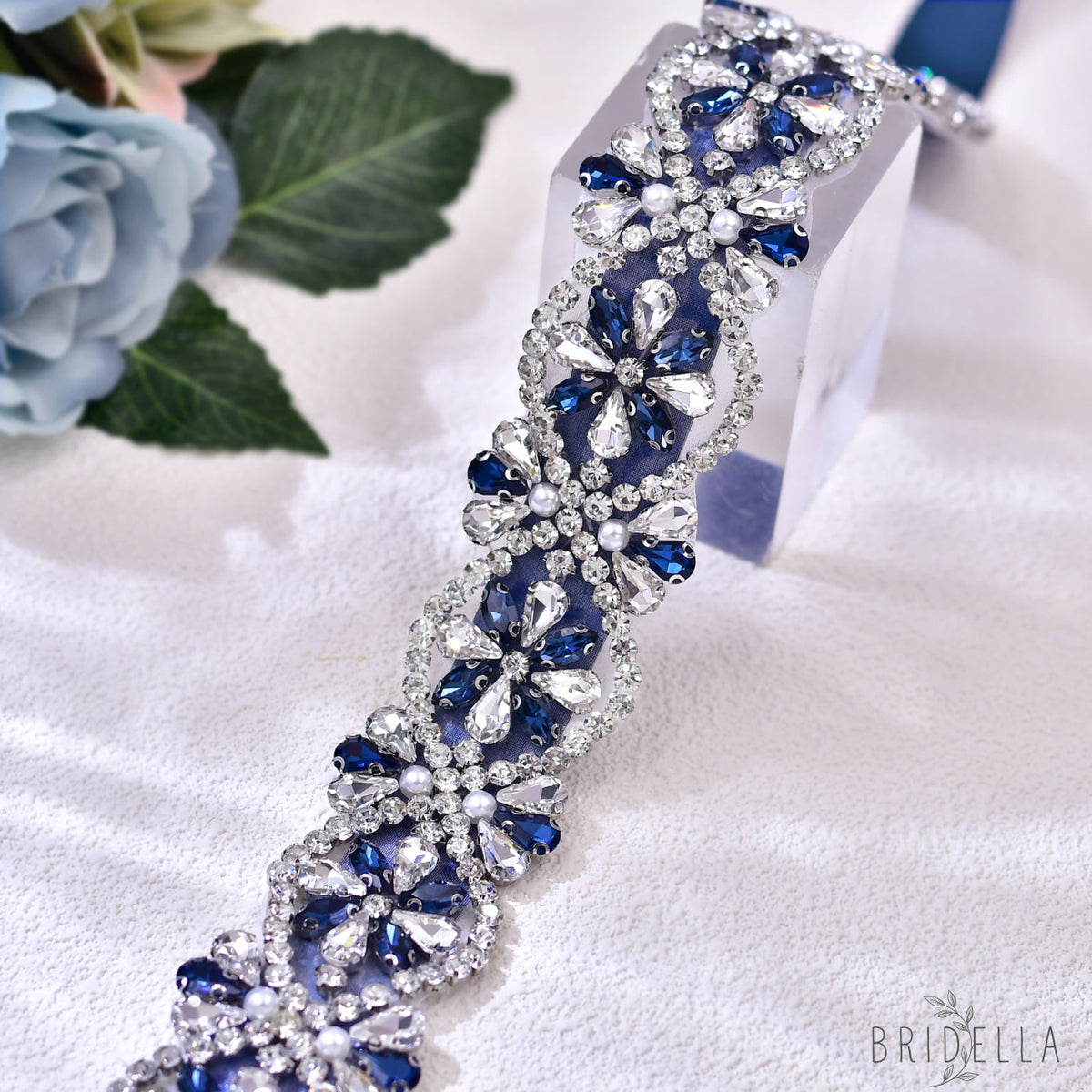 Navy Rhinestone Bridal Dress Belt for Wedding - Bridella BS453ML - Navy - Belts