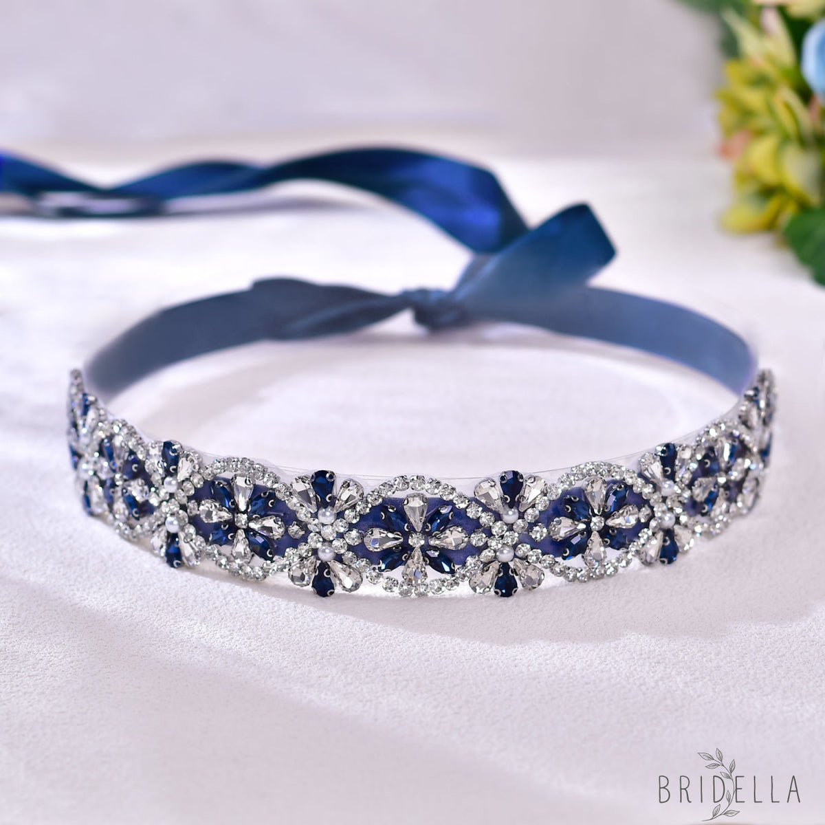 Navy Rhinestone Bridal Dress Belt for Wedding - Bridella BS453ML - Navy - Belts
