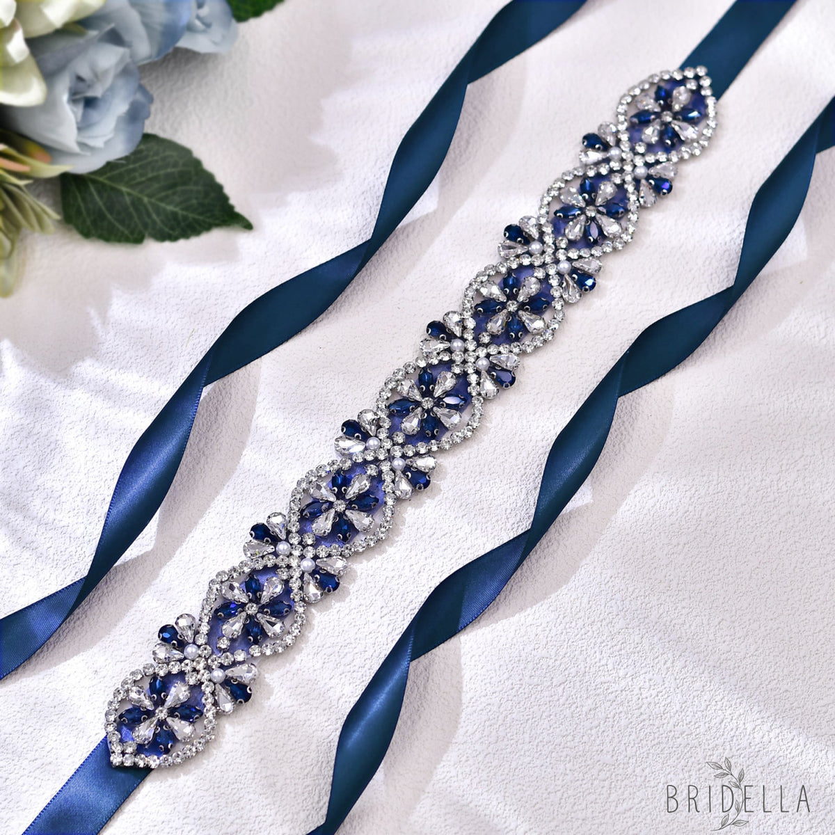 Navy Rhinestone Bridal Dress Belt for Wedding - Bridella BS453ML - Navy - Belts