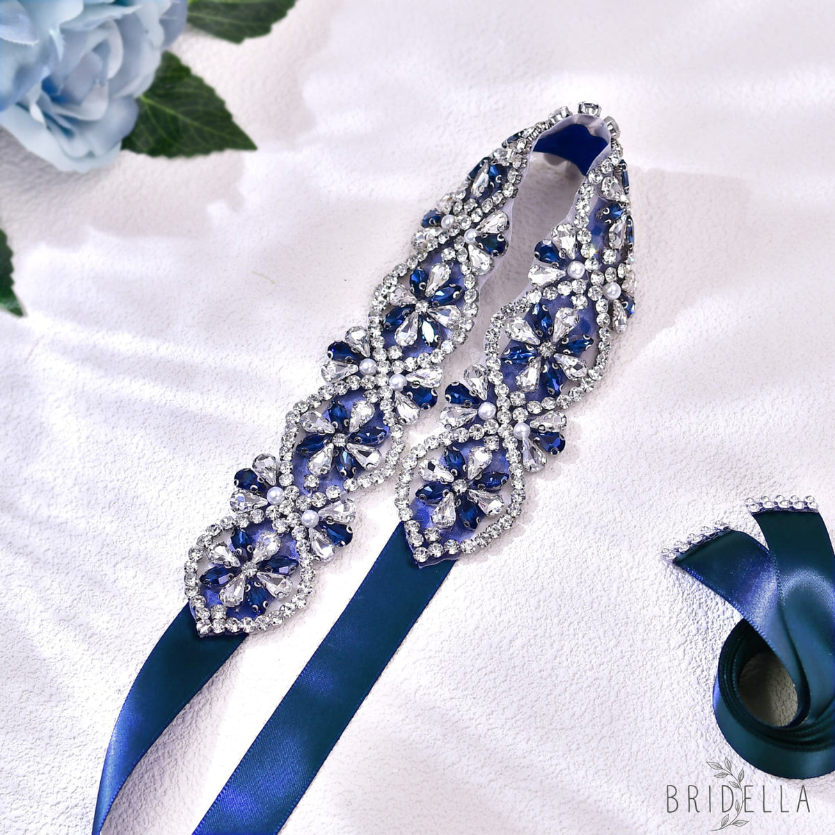 Navy Rhinestone Bridal Dress Belt for Wedding - Bridella BS453ML - Navy - Belts