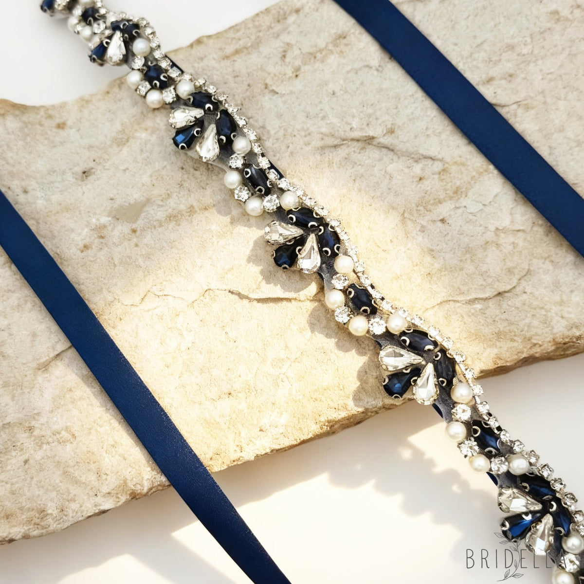 Navy Rhinestone & Pearl Belt - Bridella BS421ML - Navy - Blets