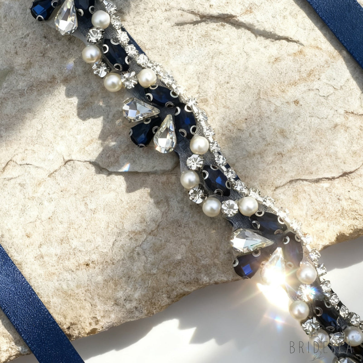 Navy Rhinestone & Pearl Belt - Bridella BS421ML - Navy - Blets