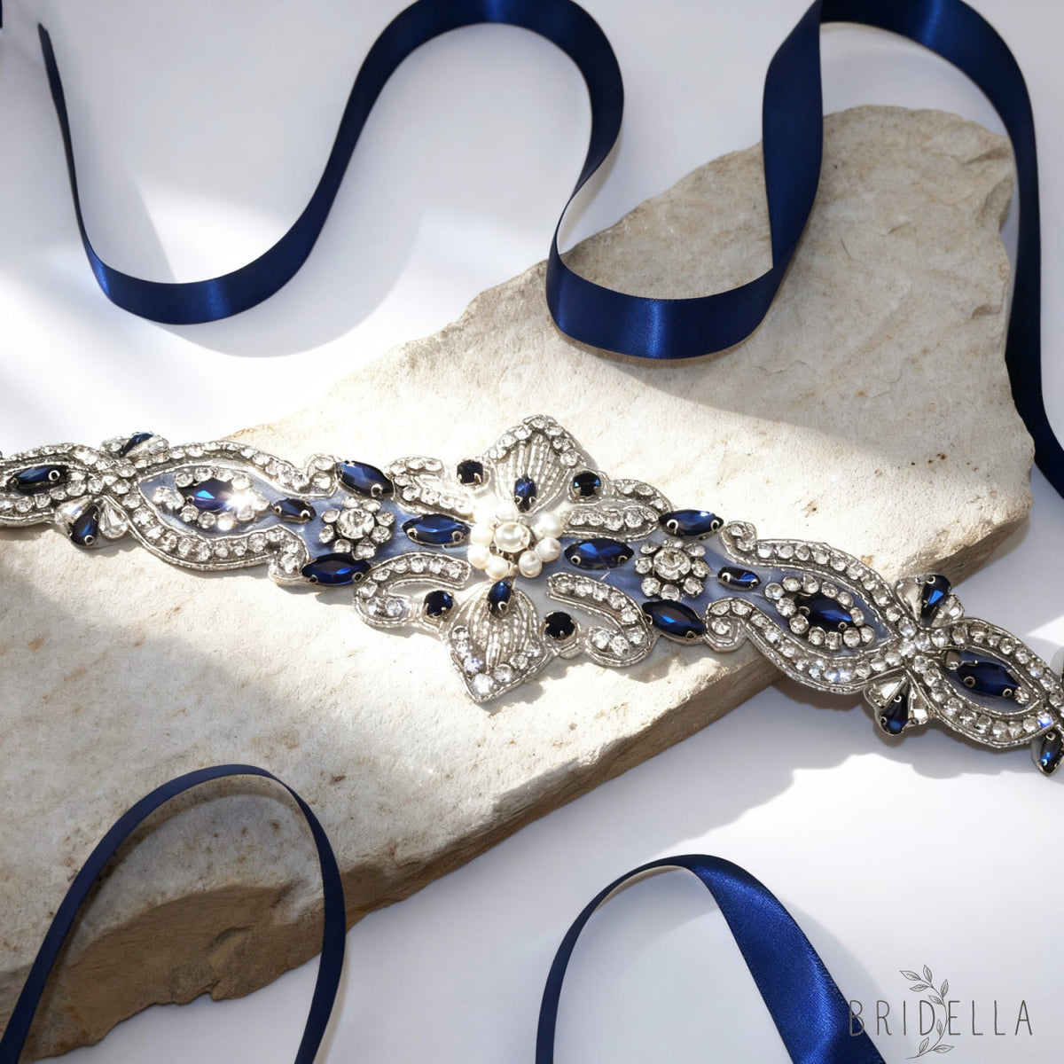 Navy Rhinestone Pearl Bridal Belt Crystal Wedding Sash BS245ML Bridella - Navy - Blets