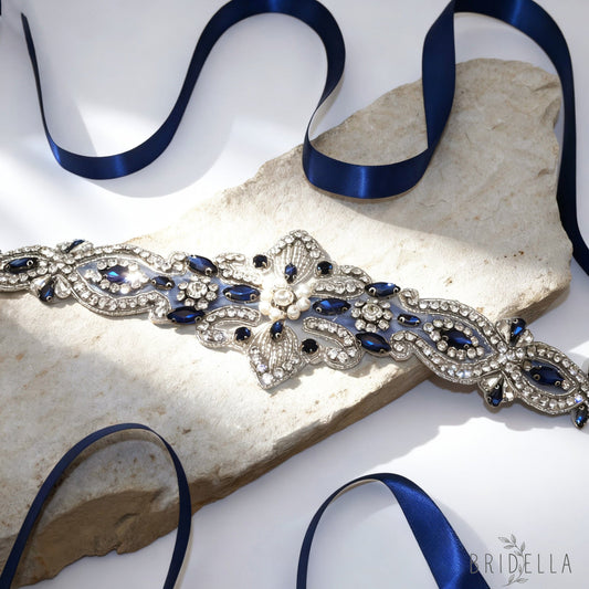 Navy Rhinestone Pearl Bridal Belt Crystal Wedding Sash BS245ML Bridella - Navy - Blets