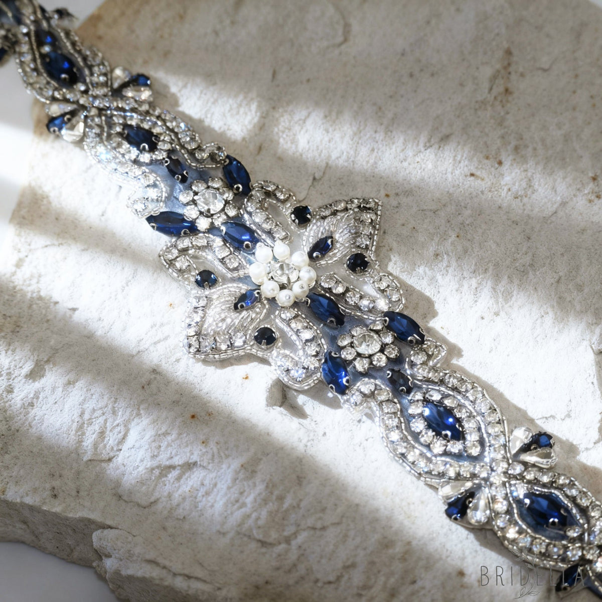 Navy Rhinestone Pearl Bridal Belt Crystal Wedding Sash BS245ML Bridella - Navy - Blets