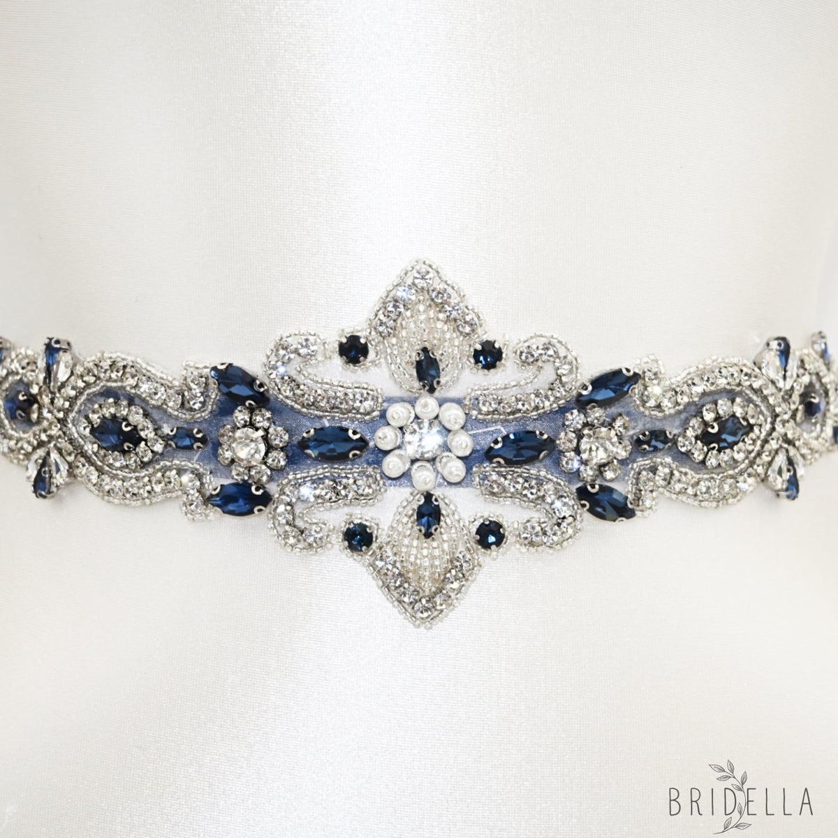 Navy Rhinestone Pearl Bridal Belt Crystal Wedding Sash BS245ML Bridella - Navy - Blets