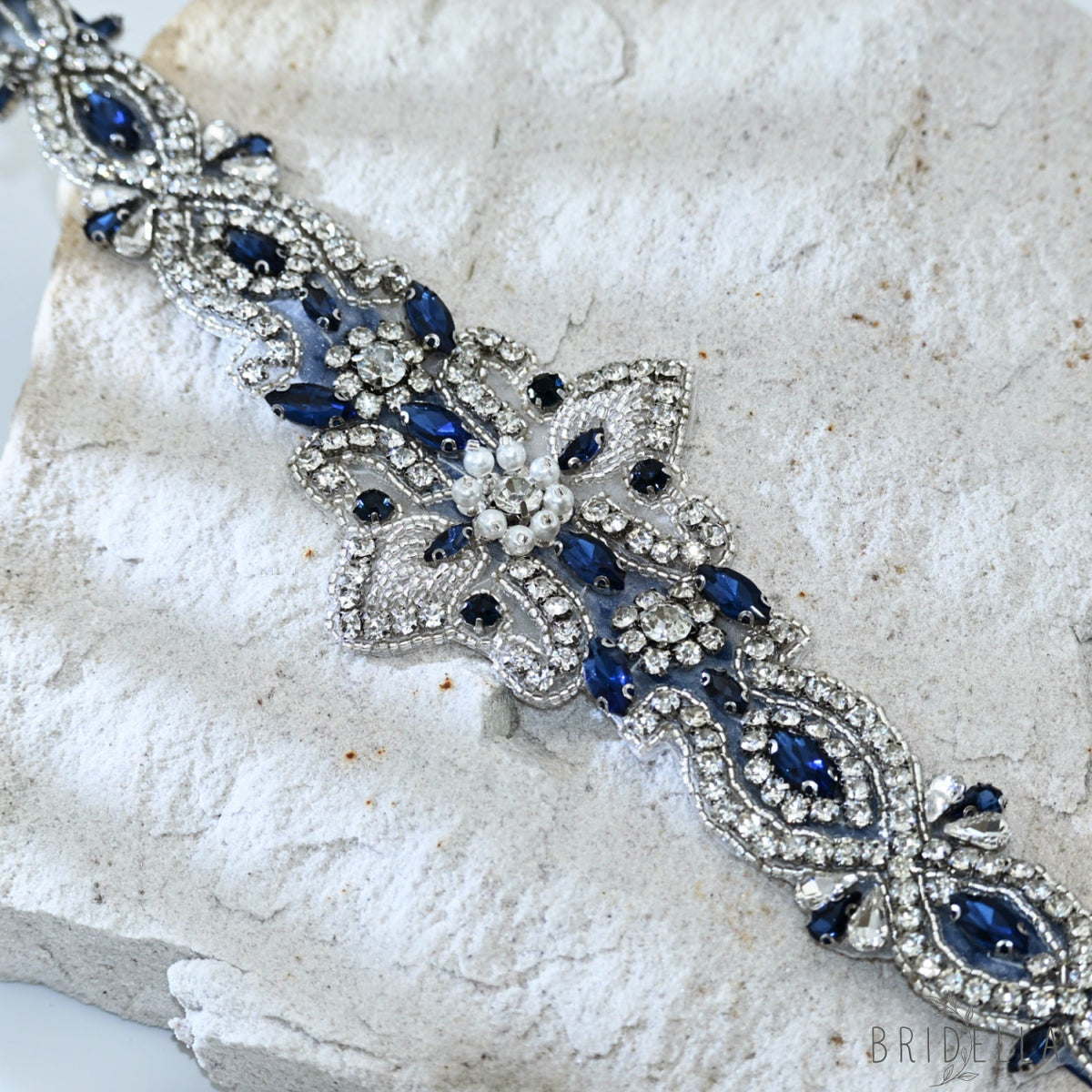 Navy Rhinestone Pearl Bridal Belt Crystal Wedding Sash BS245ML Bridella - Navy - Blets