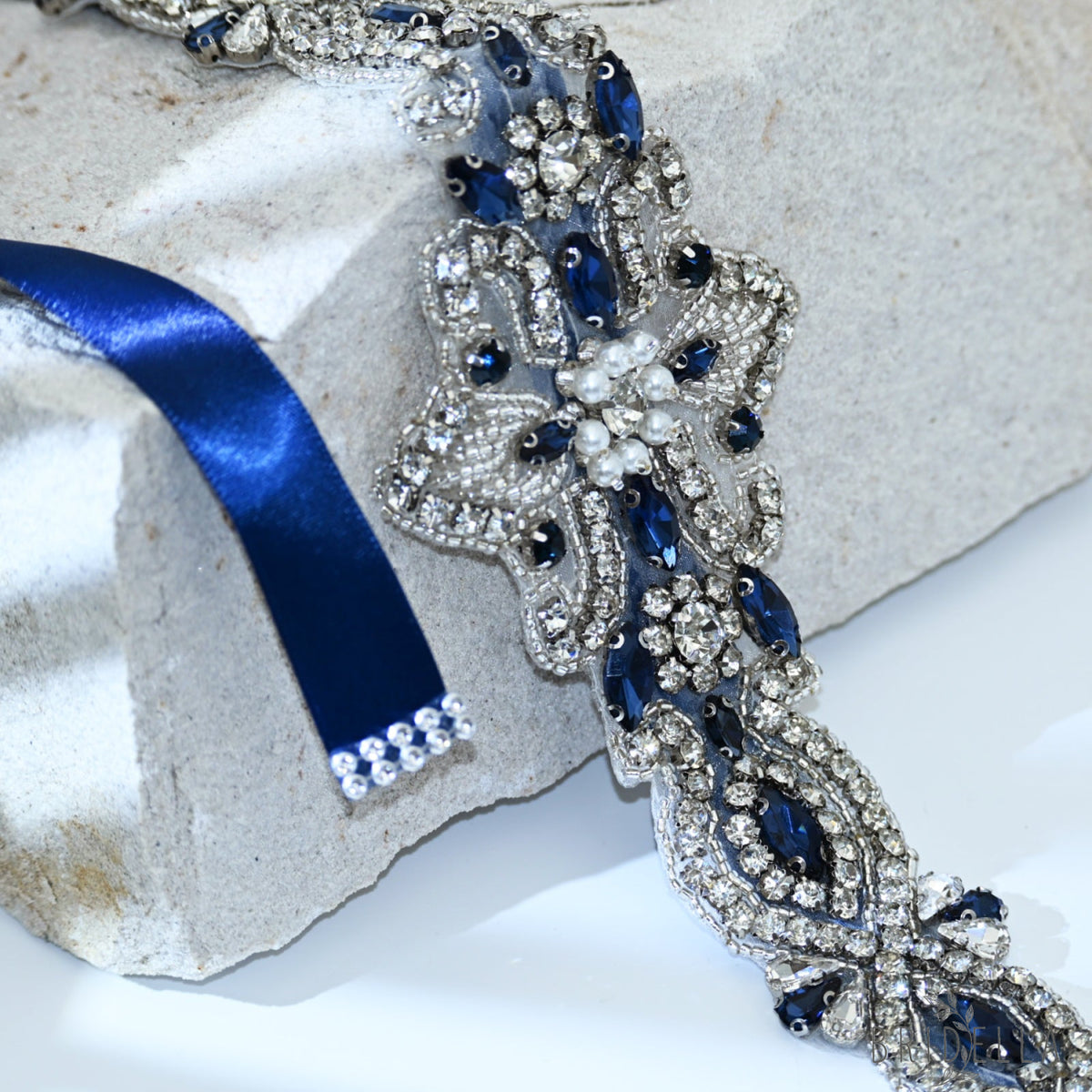 Navy Rhinestone Pearl Bridal Belt Crystal Wedding Sash BS245ML Bridella - Navy - Blets