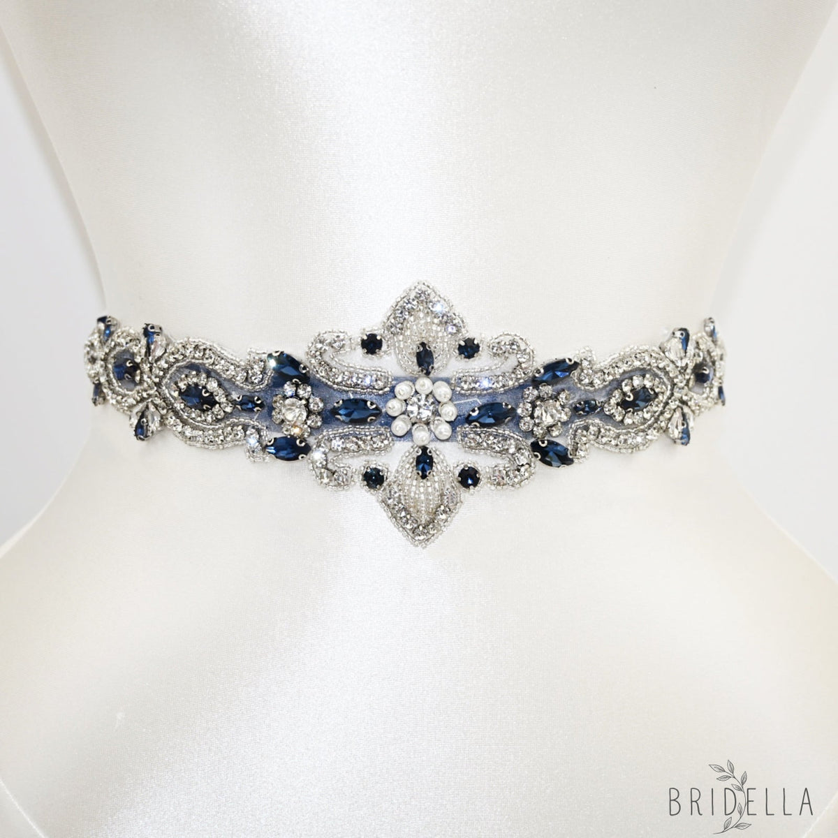 Navy Rhinestone Pearl Bridal Belt Crystal Wedding Sash BS245ML Bridella - Navy - Blets