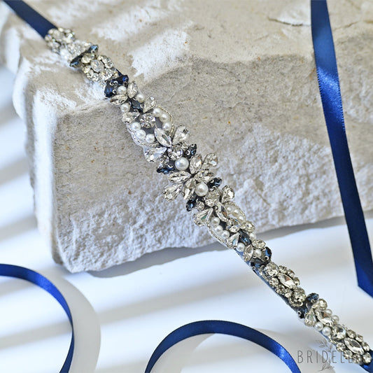 Navy Rhinestone Pearl Bridal Belt Wedding - Bridella BS93ML - Navy Blue Ribbon - Belts