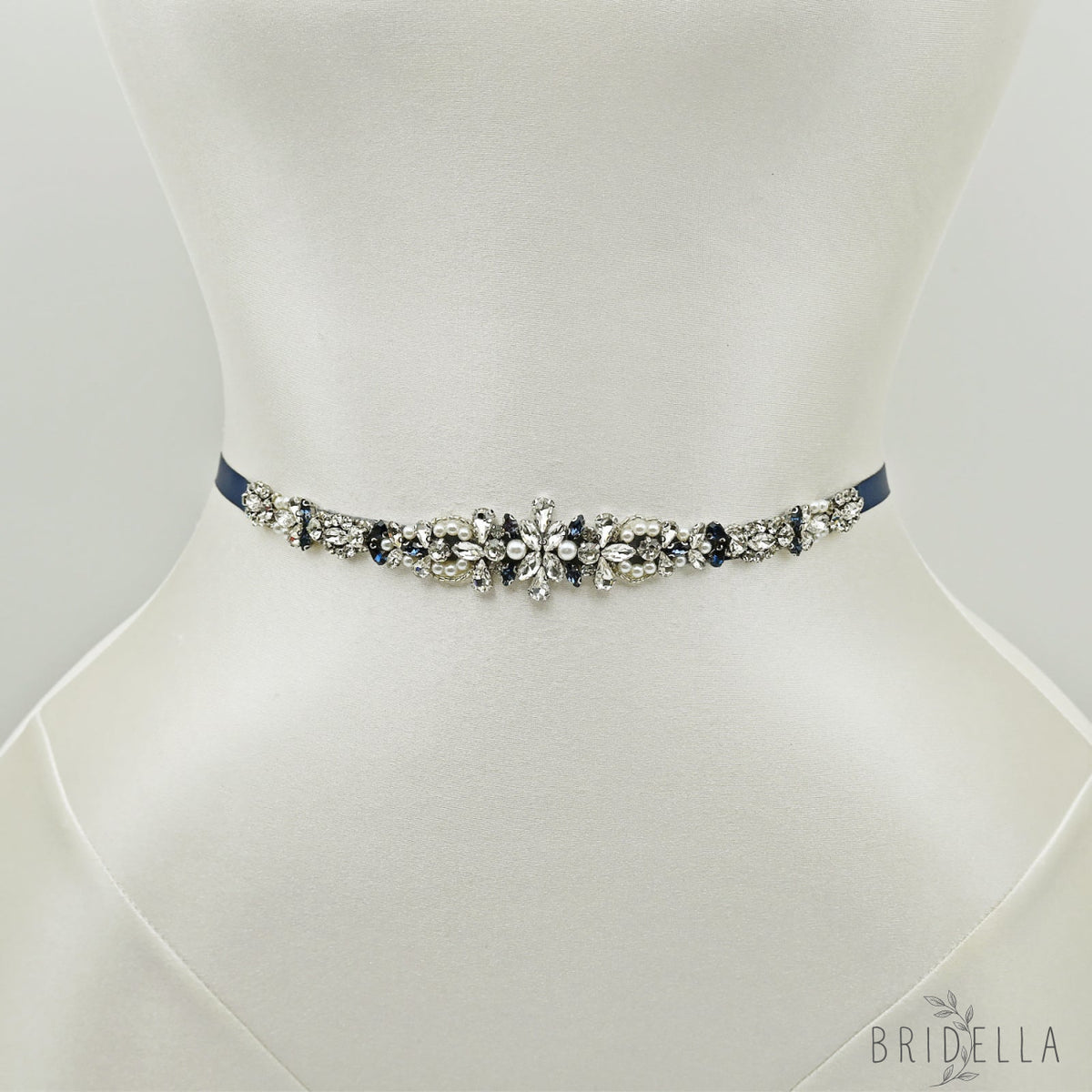 Navy Rhinestone Pearl Bridal Belt Wedding - Bridella BS93ML - Navy Blue Ribbon - Belts