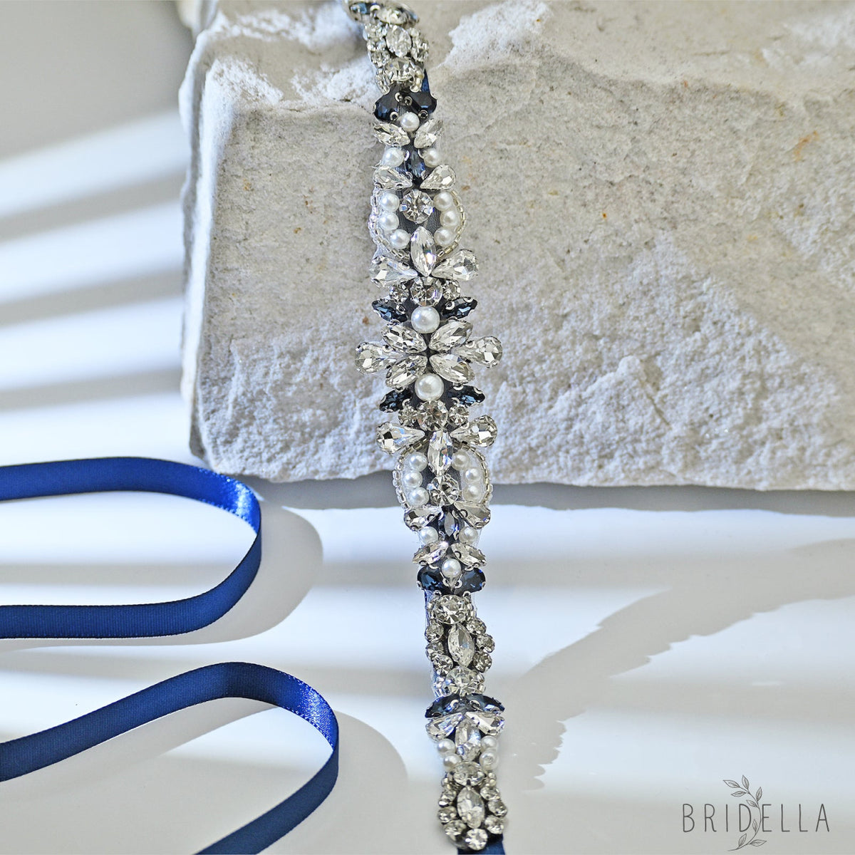 Navy Rhinestone Pearl Bridal Belt Wedding - Bridella BS93ML - Navy Blue Ribbon - Belts
