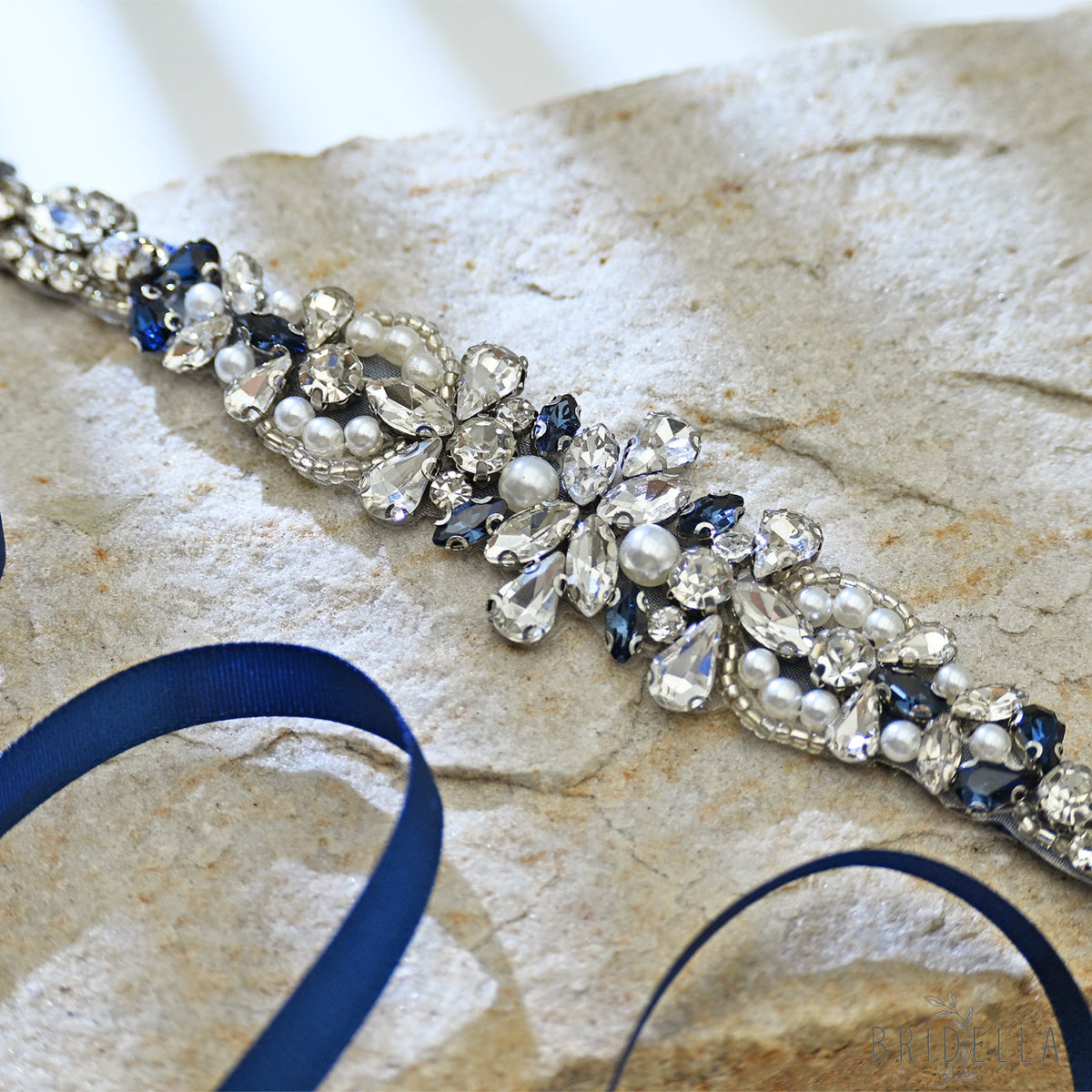 Navy Rhinestone Pearl Bridal Belt Wedding - Bridella BS93ML - Navy Blue Ribbon - Belts