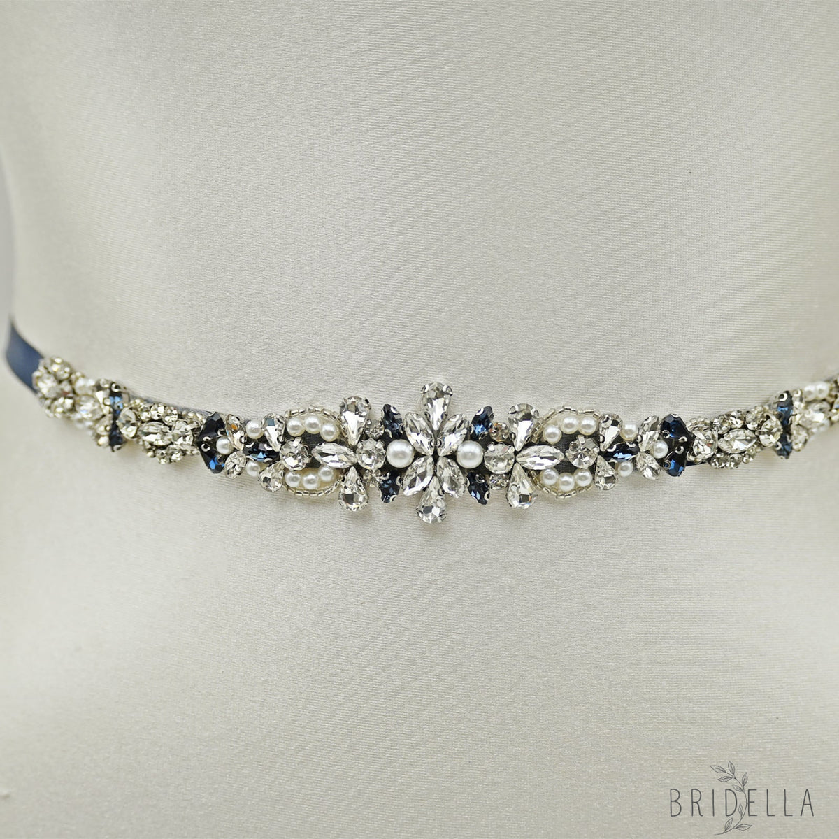 Navy Rhinestone Pearl Bridal Belt Wedding - Bridella BS93ML - Navy Blue Ribbon - Belts