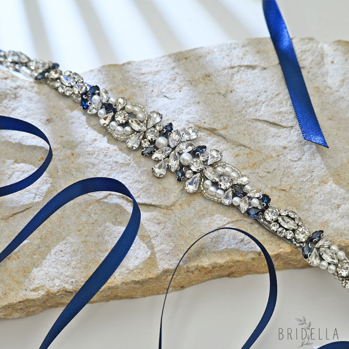 Navy Rhinestone Pearl Bridal Belt Wedding - Bridella BS93ML - Navy Blue Ribbon - Belts