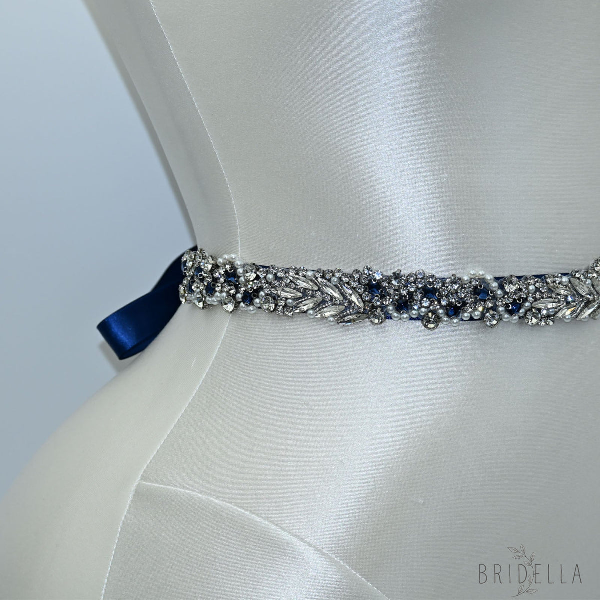 Navy Rhinestone Pearl Bridal Belt Wedding Sash - Bridella BS100ML - Navy Blue Ribbon - Belts