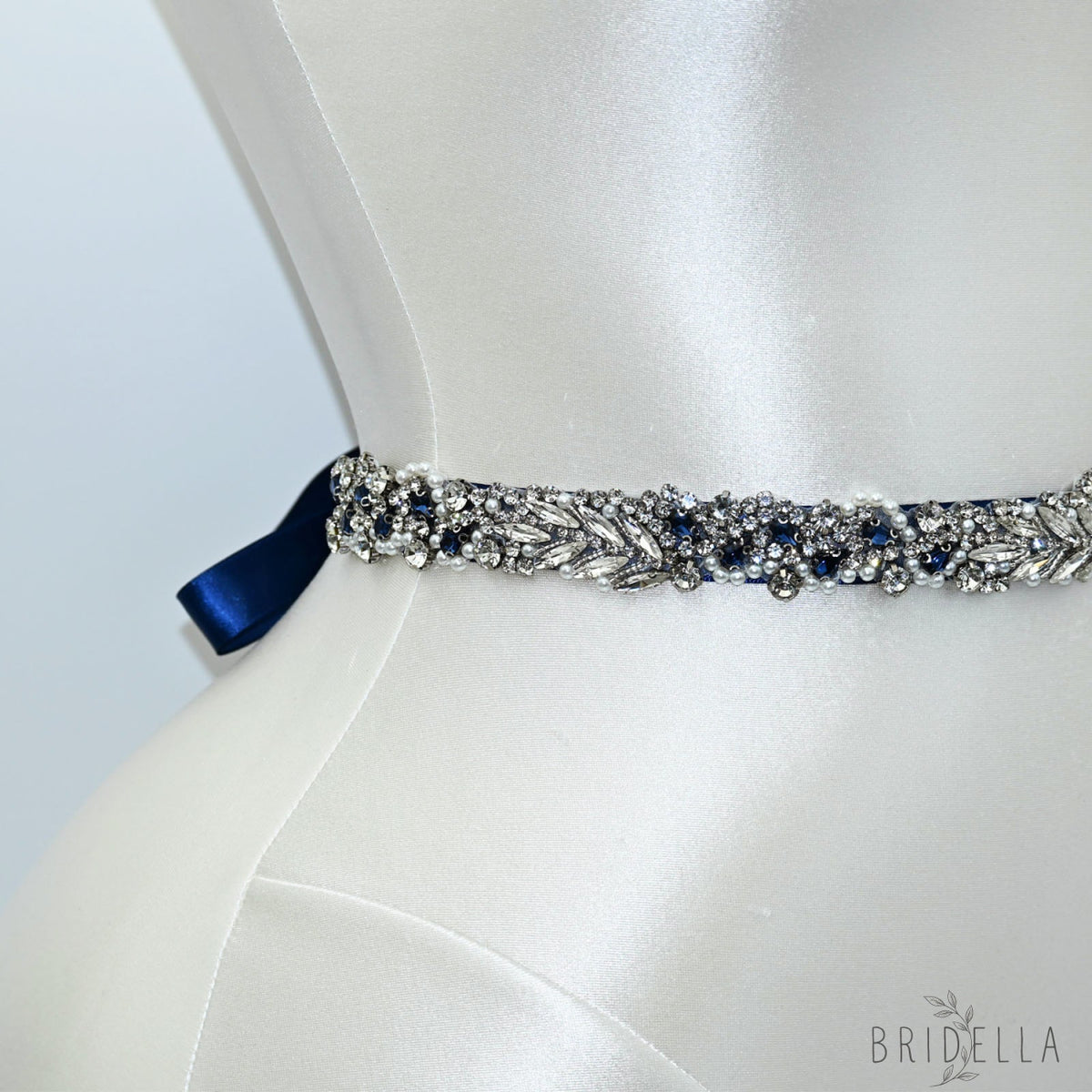 Navy Rhinestone Pearl Bridal Belt Wedding Sash - Bridella BS100ML - Navy Blue Ribbon - Belts