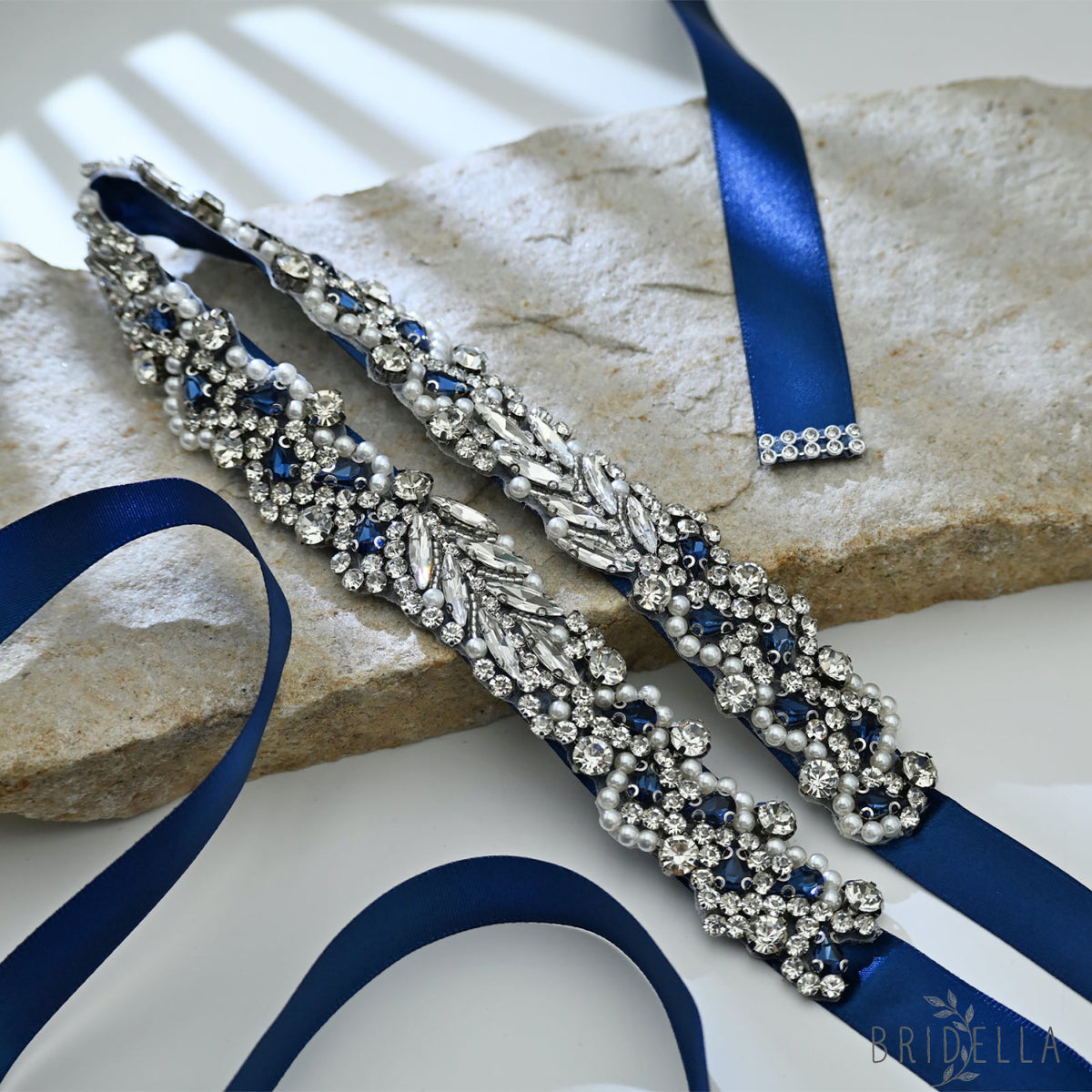 Navy Rhinestone Pearl Bridal Belt Wedding Sash - Bridella BS100ML - Navy Blue Ribbon - Belts