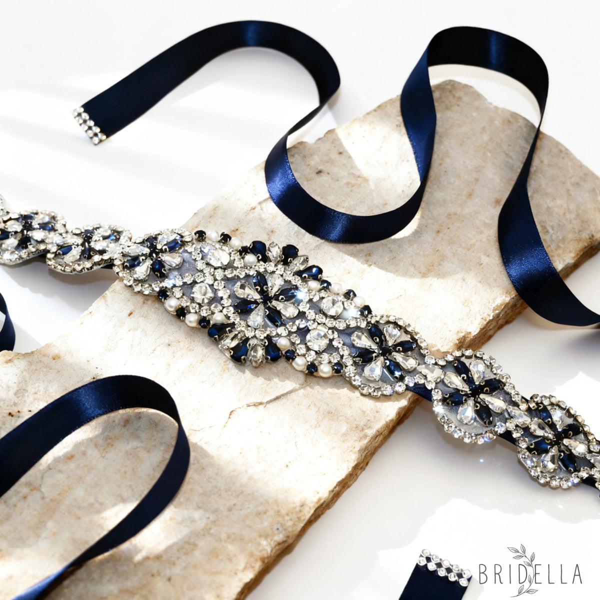 Navy Rhinestone Pearl Bridal Belt Wedding Sash – Bridella BS161ML - Navy Blue RIbbon - Belts