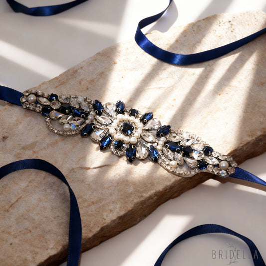 Navy Rhinestone Pearl Bridal Belt Wedding Sash – Bridella BS188ML - Navy Blue RIbbon - Blets