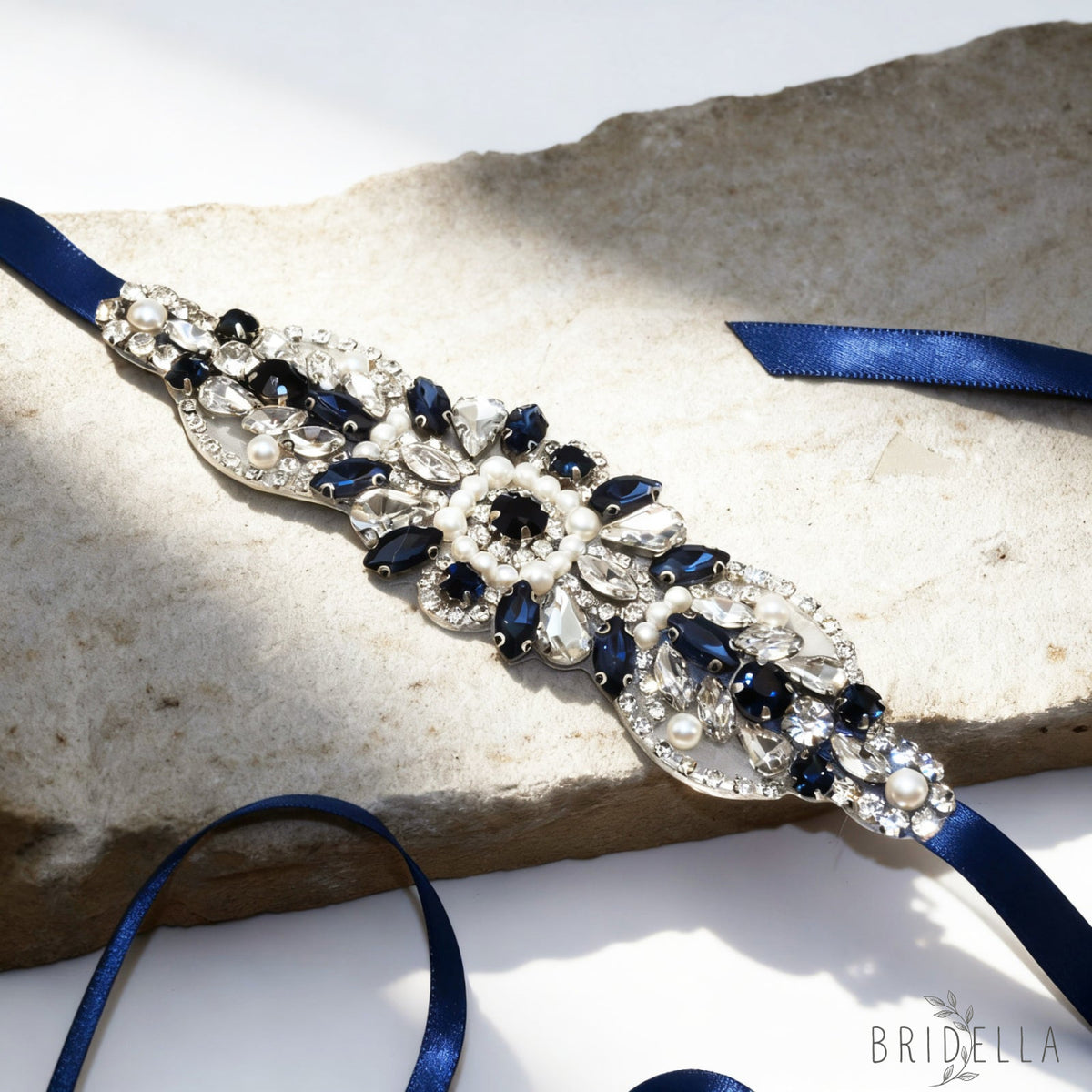 Navy Rhinestone Pearl Bridal Belt Wedding Sash – Bridella BS188ML - Navy Blue RIbbon - Blets