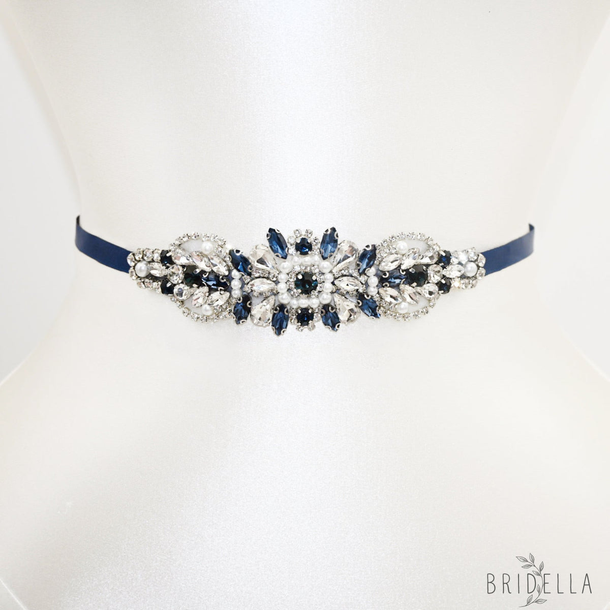 Navy Rhinestone Pearl Bridal Belt Wedding Sash – Bridella BS188ML - Navy Blue RIbbon - Blets