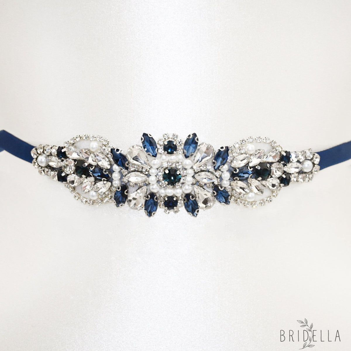 Navy Rhinestone Pearl Bridal Belt Wedding Sash – Bridella BS188ML - Navy Blue RIbbon - Blets