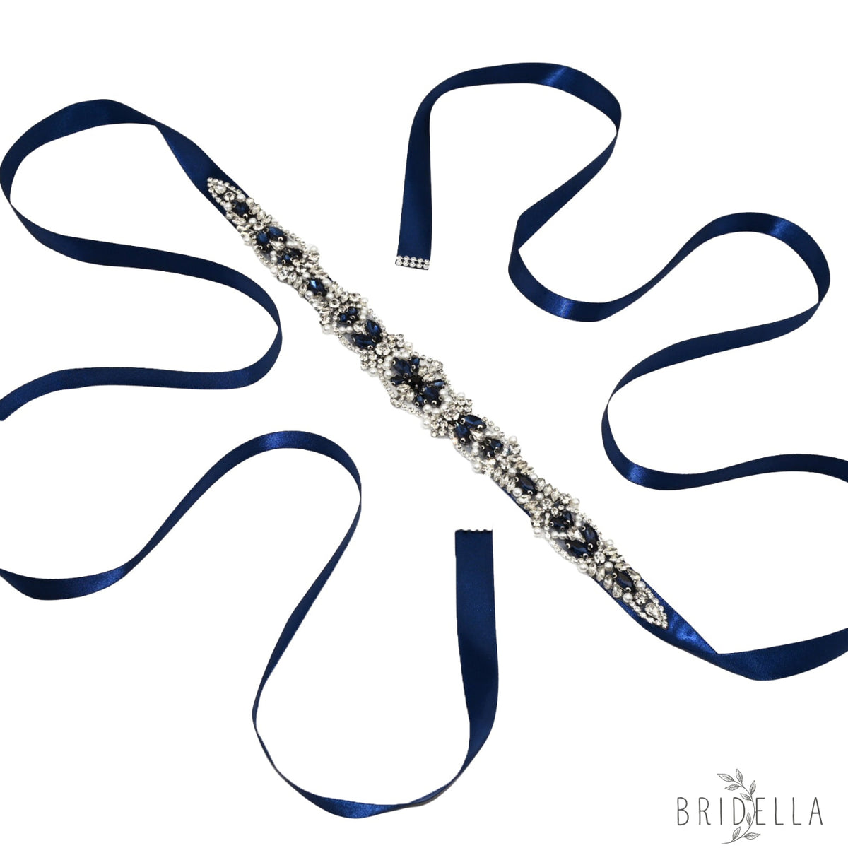 Navy Rhinestone Pearl Bridal Belt Wedding Sash – Bridella BS442ML - Navy Blue Ribbon - Blets