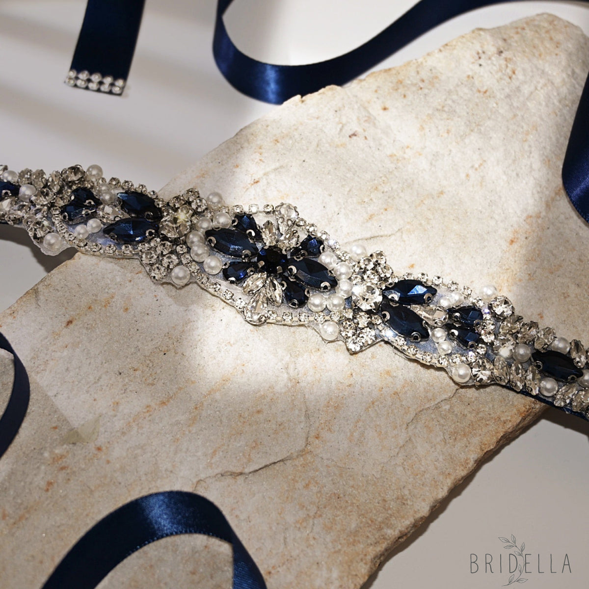 Navy Rhinestone Pearl Bridal Belt Wedding Sash – Bridella BS442ML - Navy Blue Ribbon - Blets