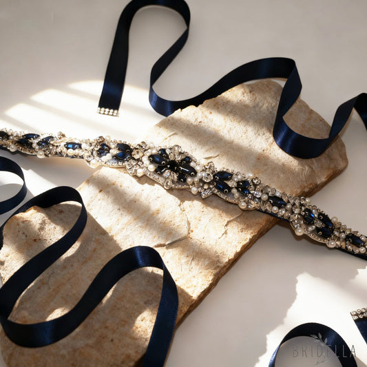 Navy Rhinestone Pearl Bridal Belt Wedding Sash – Bridella BS442ML - Navy Blue Ribbon - Blets