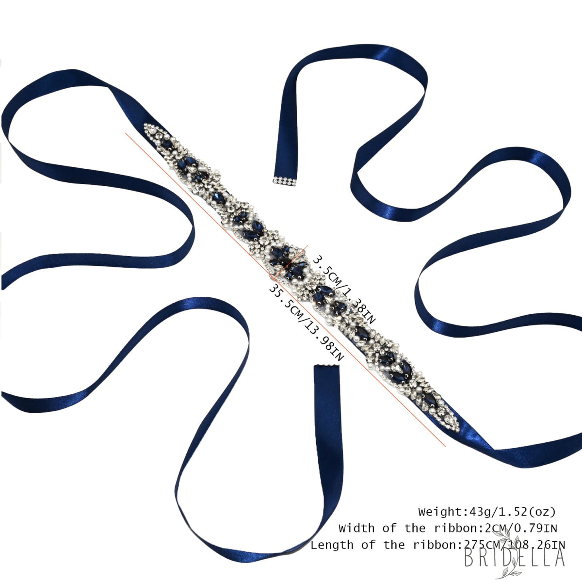 Navy Rhinestone Pearl Bridal Belt Wedding Sash – Bridella BS442ML - Navy Blue Ribbon - Blets