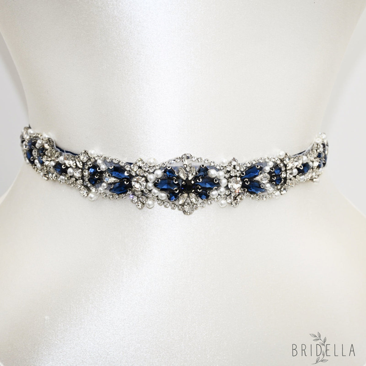 Navy Rhinestone Pearl Bridal Belt Wedding Sash – Bridella BS442ML - Navy Blue Ribbon - Blets
