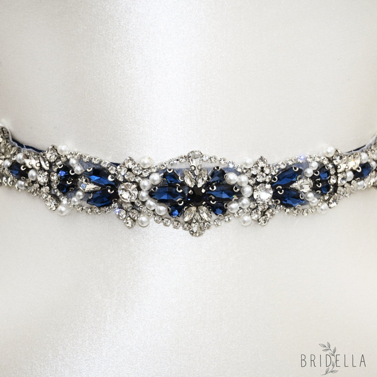 Navy Rhinestone Pearl Bridal Belt Wedding Sash – Bridella BS442ML - Navy Blue Ribbon - Blets