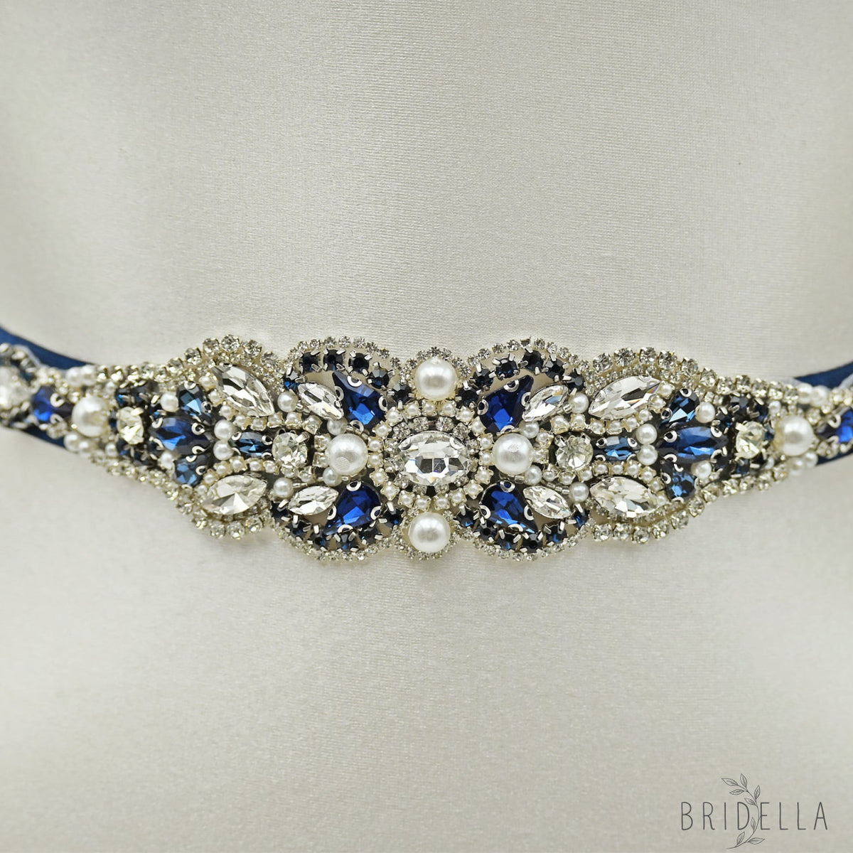 Navy Rhinestone Pearl Bridal Belt Wedding Sash - Bridella BS87ML - Navy Blue Ribbon - Belts