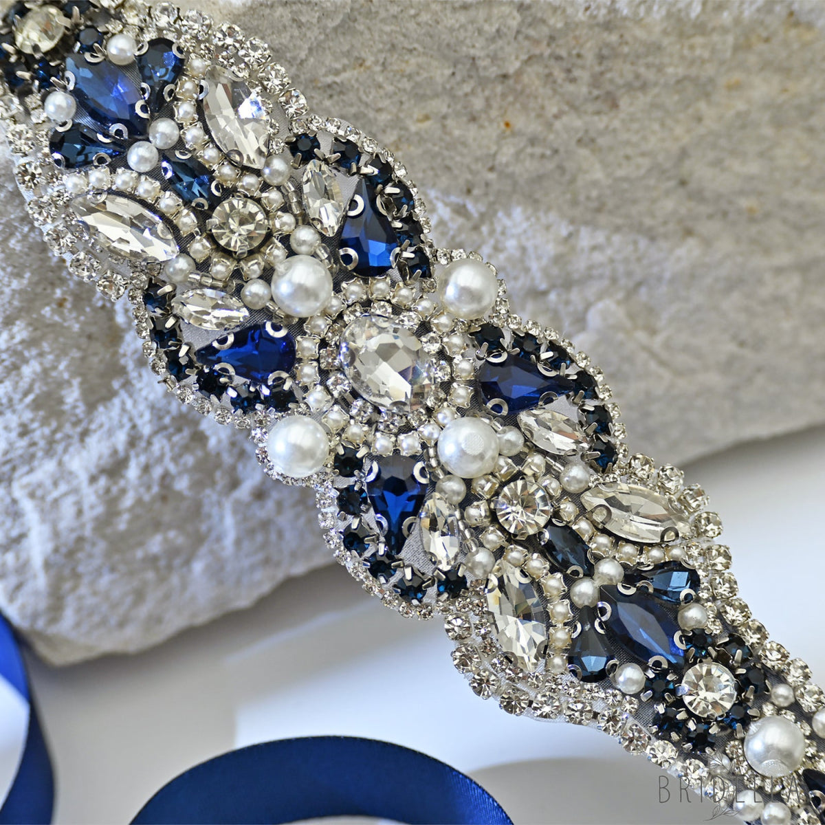 Navy Rhinestone Pearl Bridal Belt Wedding Sash - Bridella BS87ML - Navy Blue Ribbon - Belts