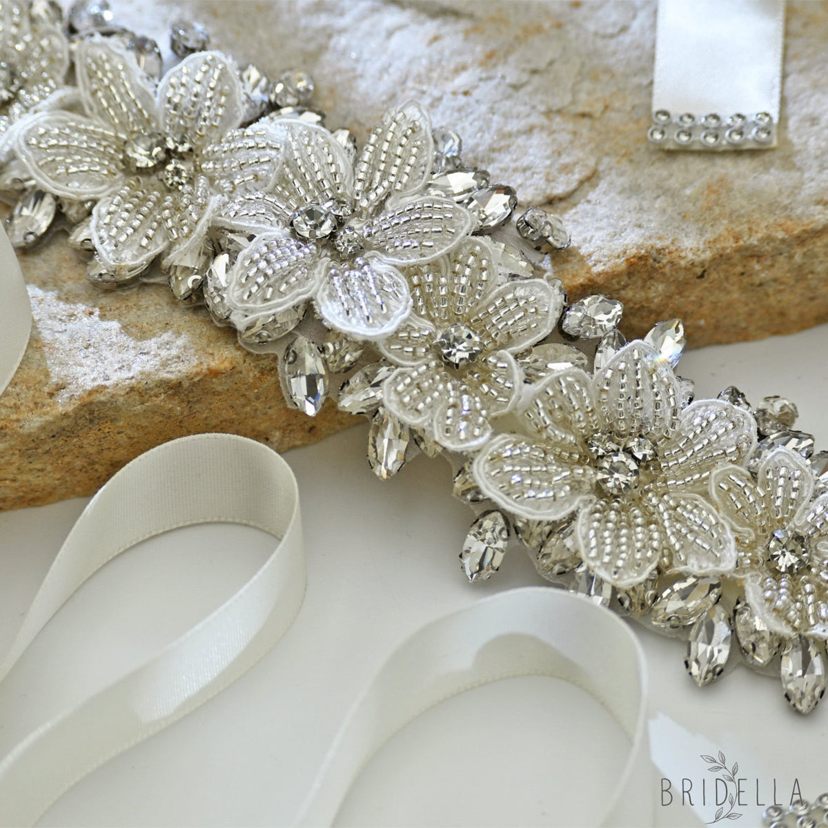 Off White Rhinestone Bridal Belt Wedding Sash - Off-white Ribbon - Belts