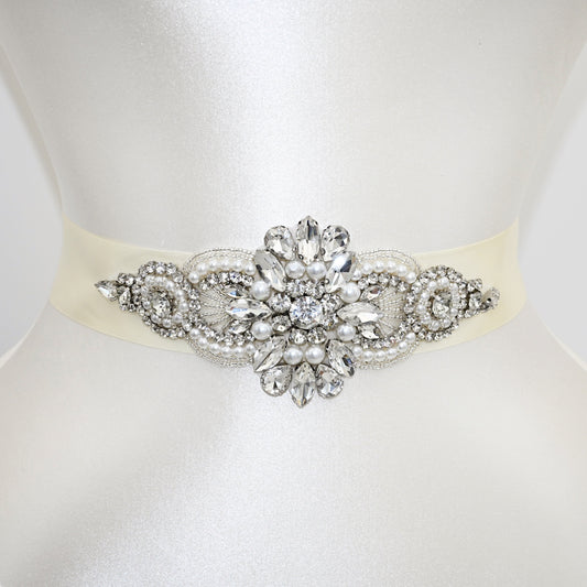 Ivory Rhinestone Pearl Bridal Belt Wedding Sash – Bridella BS05B