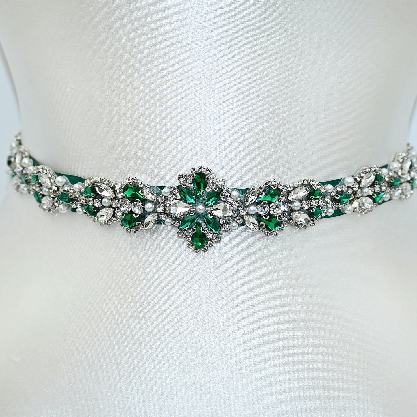 Green Rhinestone Pearl Bridal Belt Wedding Sash - Bridella BS39KL