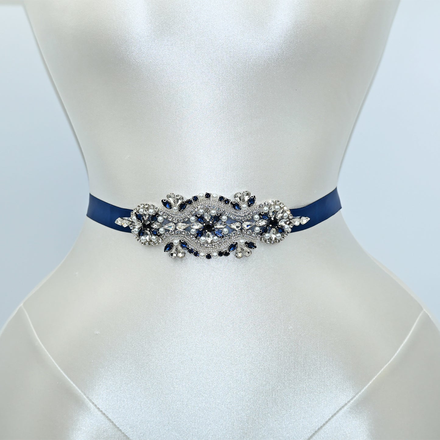 Navy Rhinestone & Pearl Belt - Bridella BS05ML