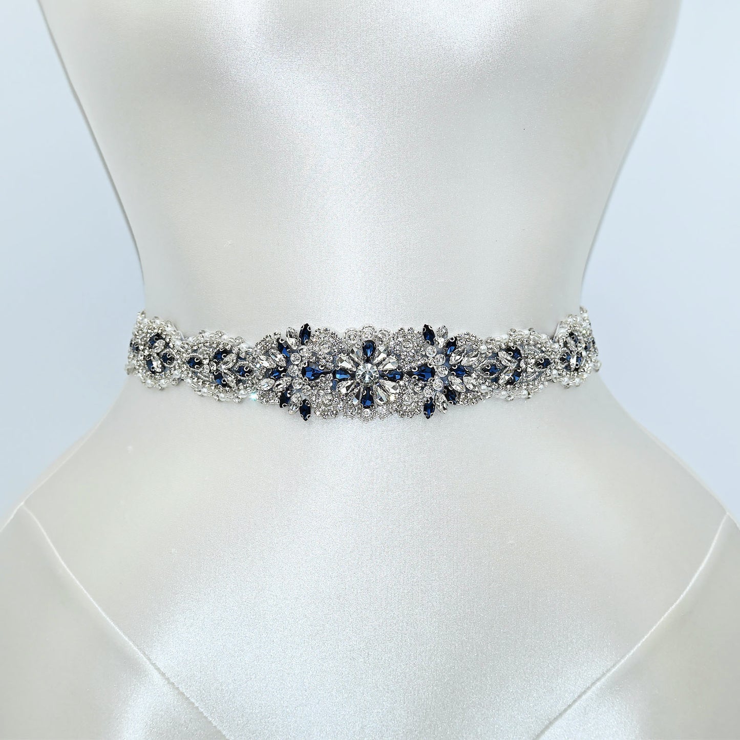 Ink Blue Rhinestone Pearl Bridal Sash Wedding Dress Belt – Bridella BS119ML