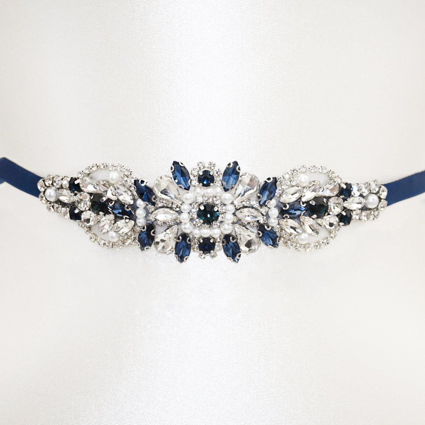 Navy Rhinestone Pearl Bridal Belt Wedding Sash – Bridella BS188ML