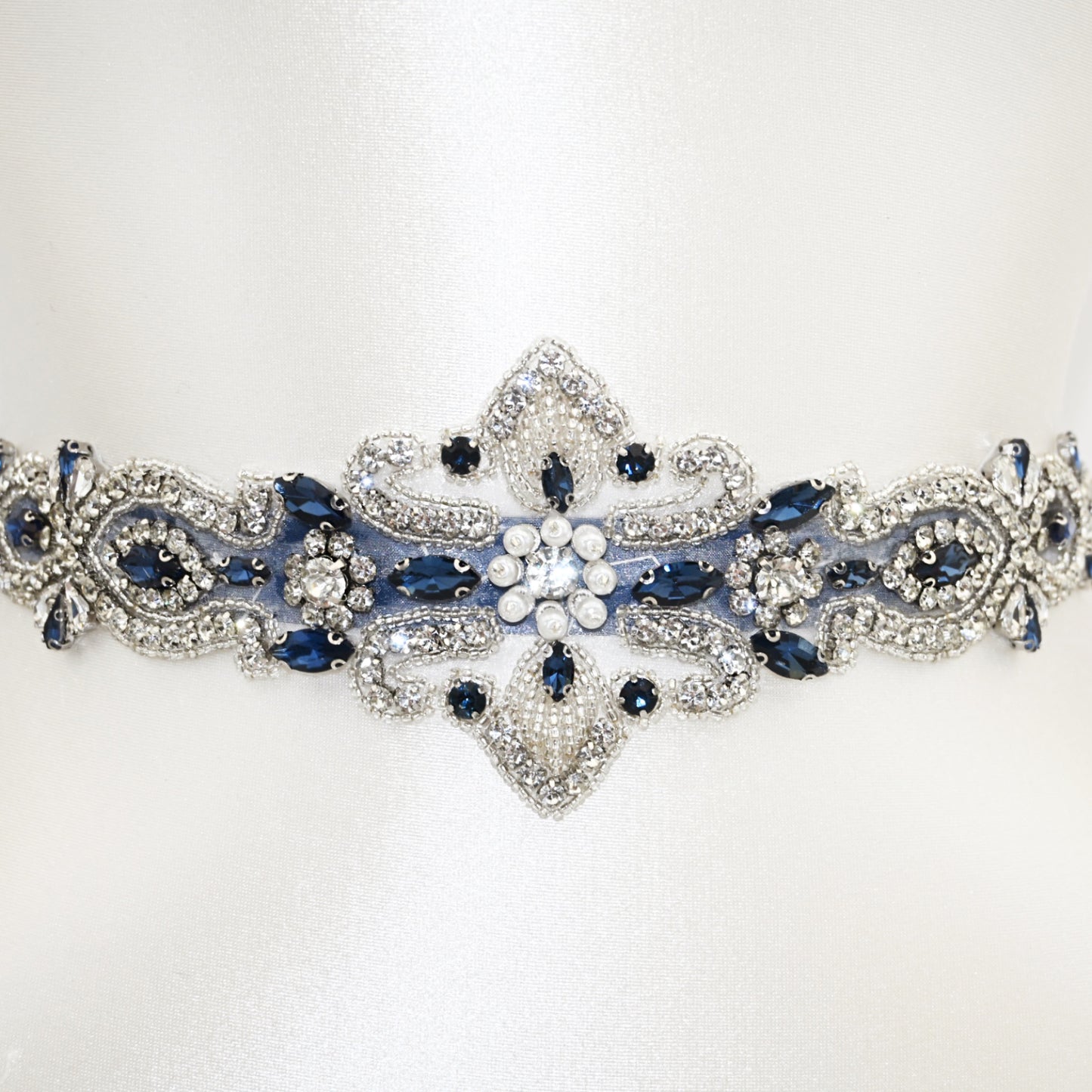 Navy Rhinestone Pearl Bridal Belt Crystal Wedding Sash BS245ML Bridella