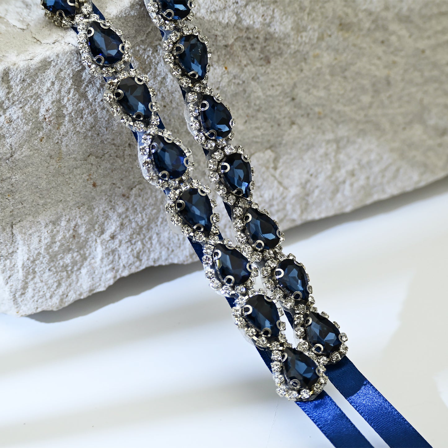 Navy Blue Rhinestone Bridal Belt Adjustable Waist Sash Bridella BS190ML