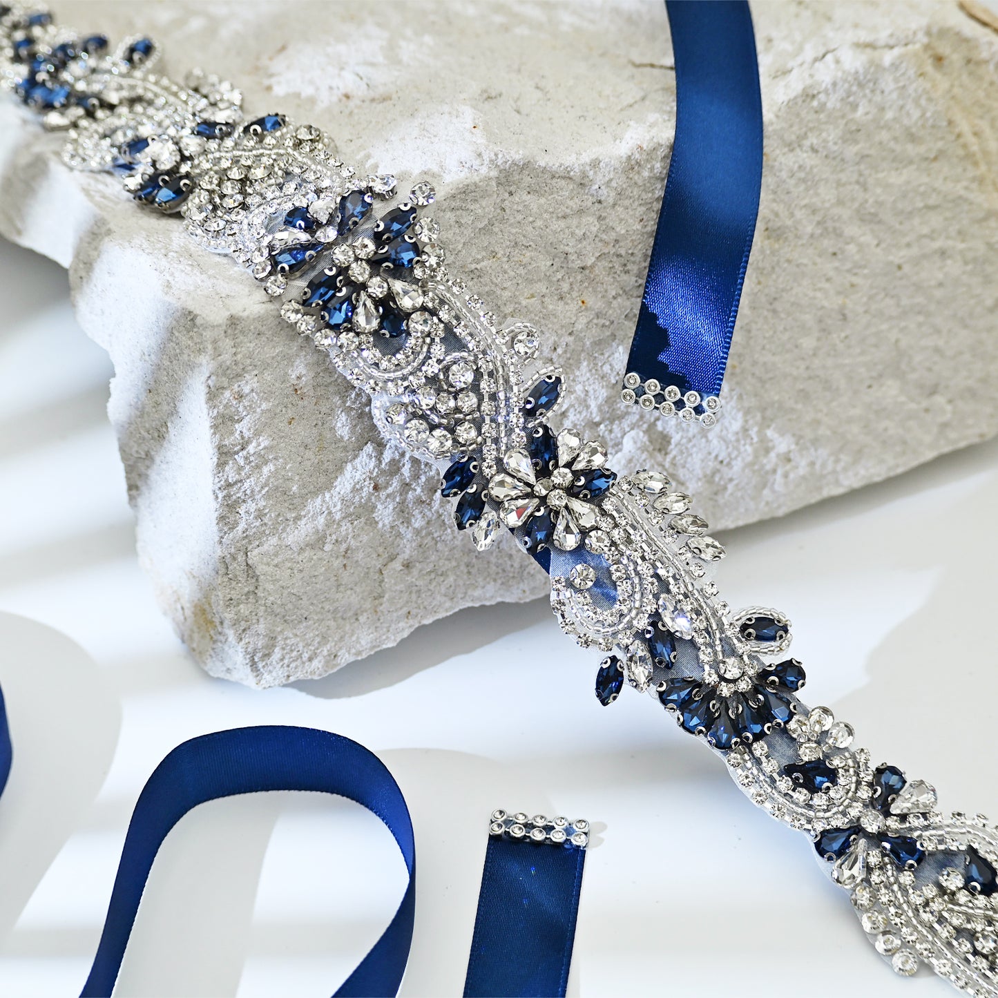 Navy Blue Rhinestone Bridal Sash Wedding Dress Belt – Bridella BS106ML
