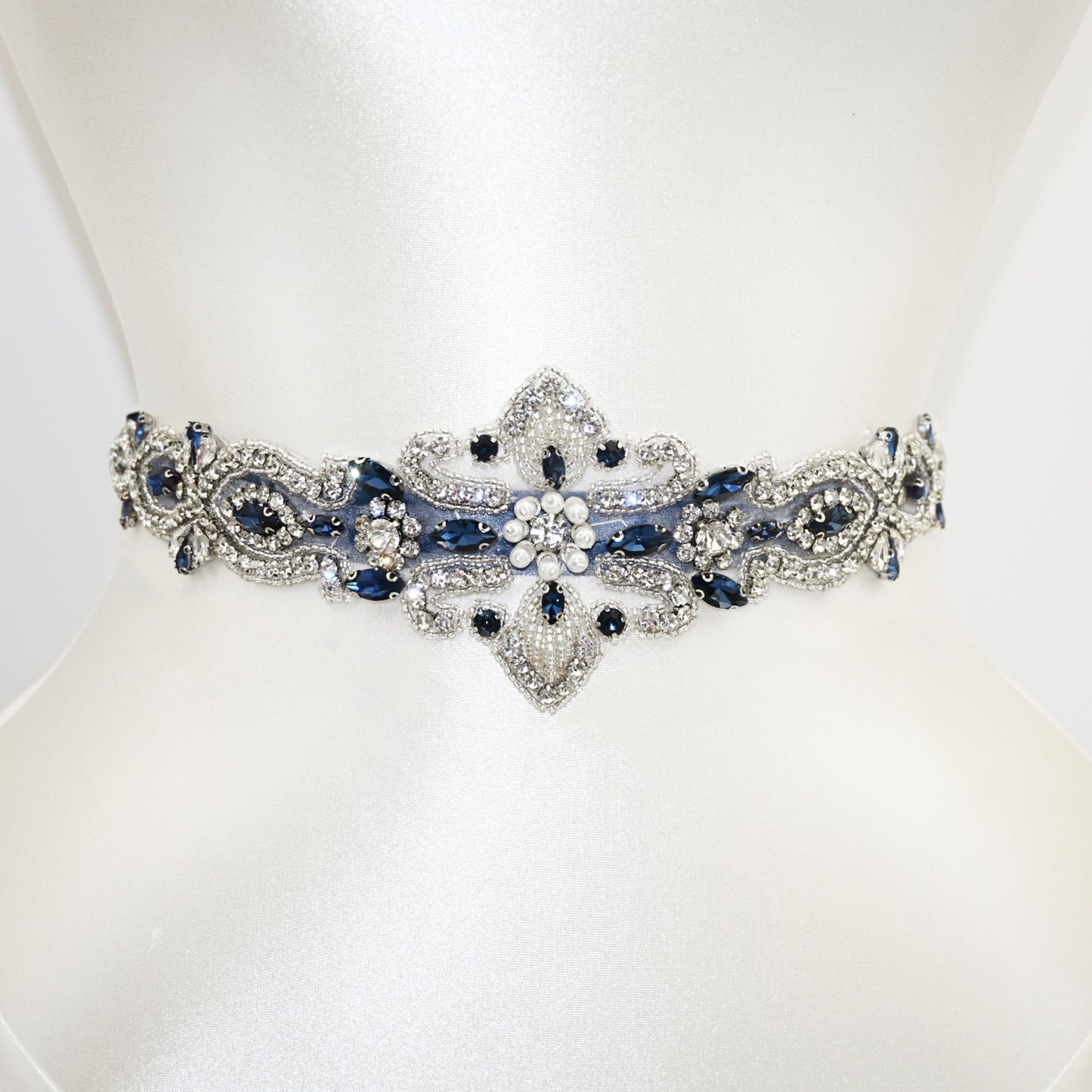 Navy Rhinestone Pearl Bridal Belt Crystal Wedding Sash BS245ML Bridella