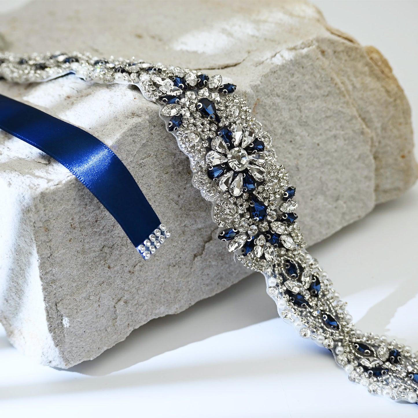 Ink Blue Rhinestone Pearl Bridal Sash Wedding Dress Belt – Bridella BS119ML