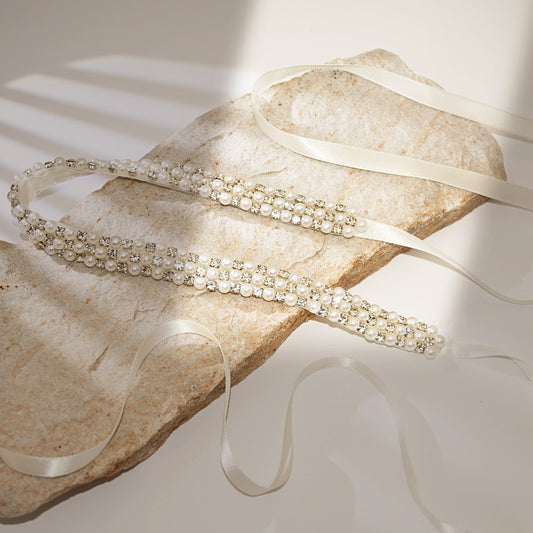 Off White Rhinestone Pearl Bridal Belt – Bridella BS134